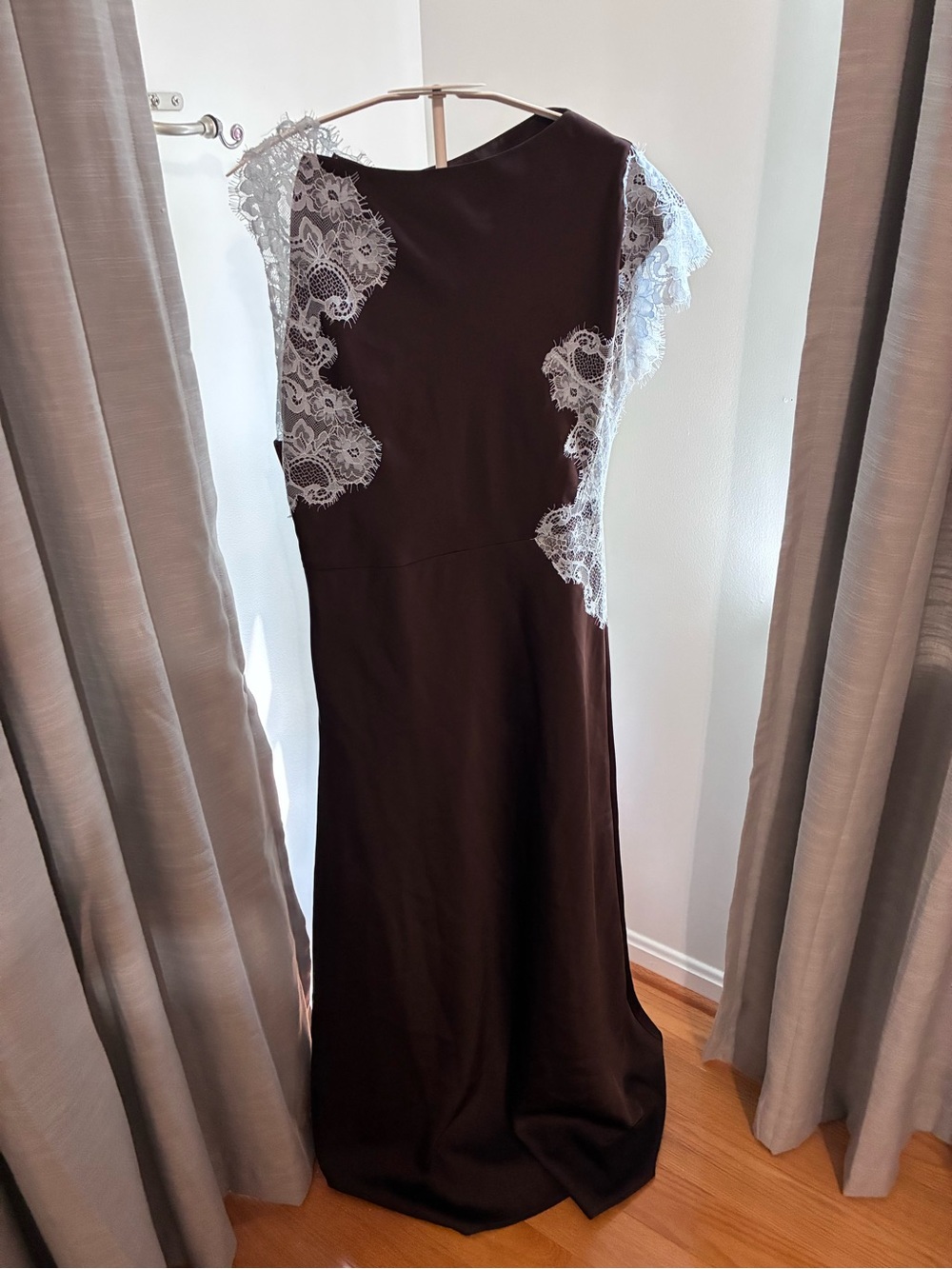 Elodie Maris Satin Chocolate Asymmetrical Maxi Dress with light blue Lace Insets